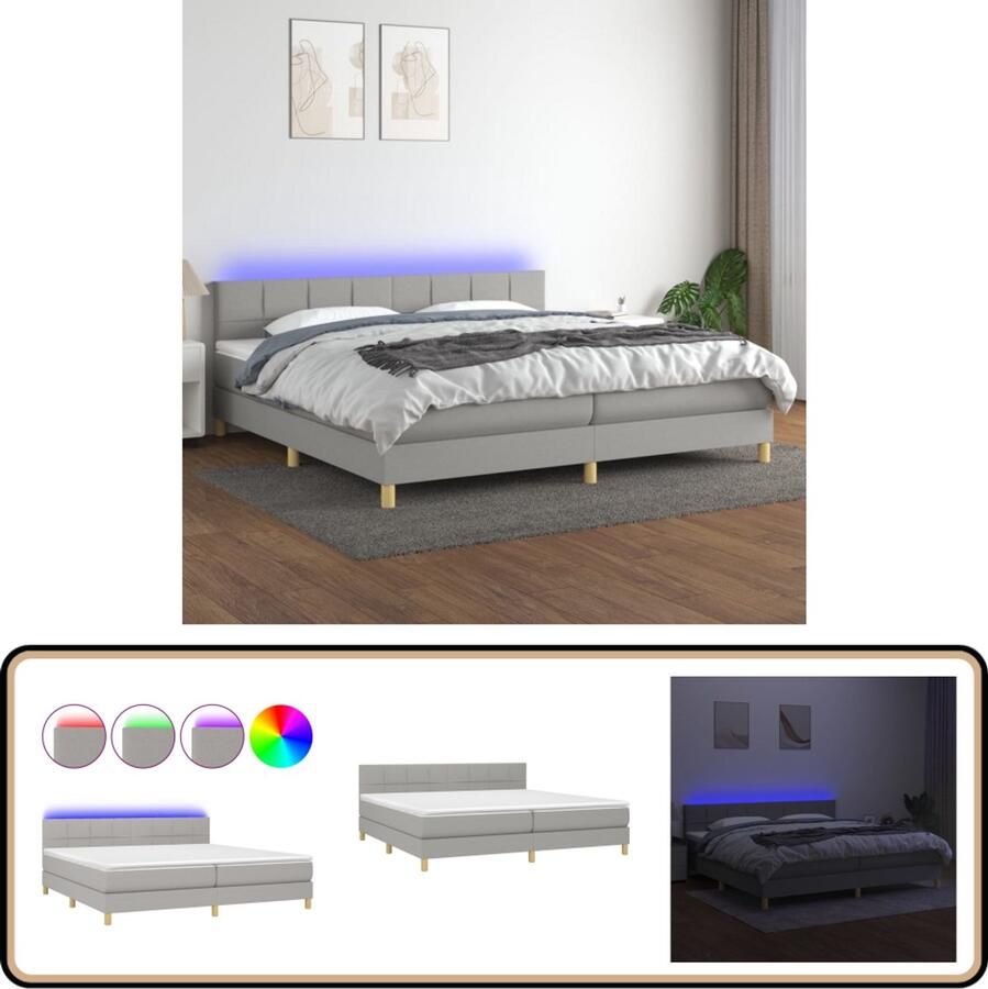 VidaXL Boxspring met LED Stof Lichtgrijs 200x200 cm Boxspring Led Boxspring Grijs Pocketvering Slaapcomfort