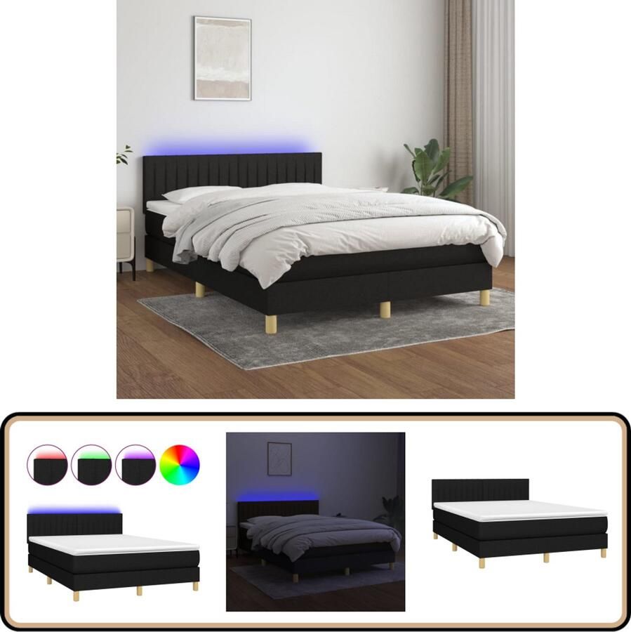 VidaXL Boxspring met LED Stof Zwart 140x200 cm Boxspring Led Boxspring Met Led Slaapcomfort Slaapkamers