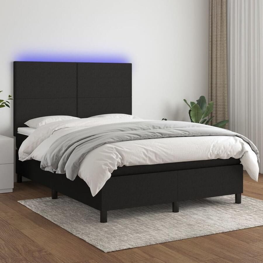 VidaXL Boxspring met LED Stof Zwart 140x200 cm Boxspring Led Lamp Boxspring Frame Tweepersoons Bed Slaapcomfort Zwarte Boxspring Design Bed - Foto 2