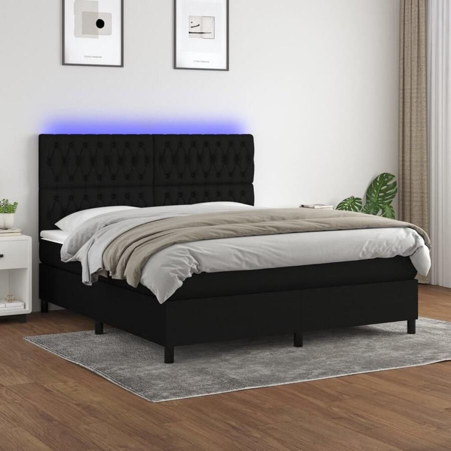VidaXL Boxspring met LED Stof Zwart 160x200 cm Boxspring Led Boxspring Zwarte Boxspring Tweepersoons Boxspring Pocketveer Matras Boxspring Frame - Foto 2
