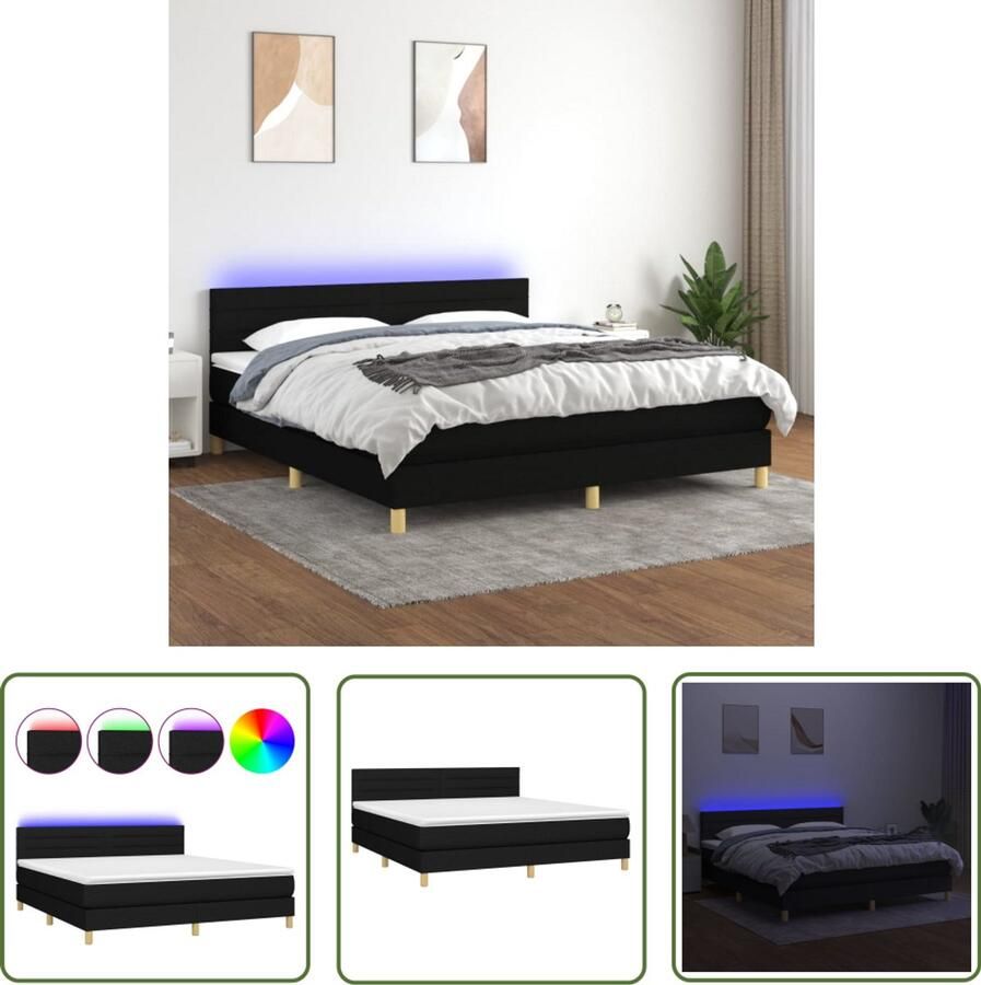 VidaXL Boxspring met LED Stof Zwart 180x200 cm Boxspring Bed Slaapcomfort Led Verlichting Pocketvering Matras Elektrisch Verstelbare Hoofdbord Zwarte Boxspring