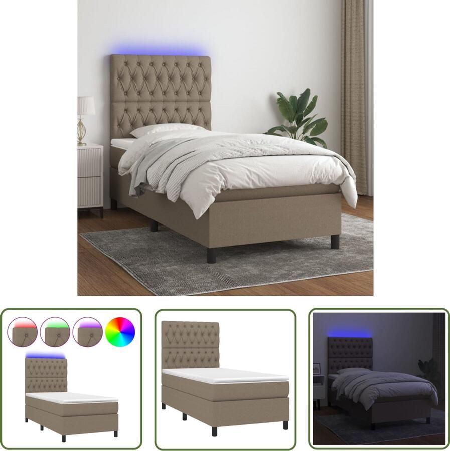 VidaXL Boxspring met LED Taupe 100x200 cm Boxspring Led Bed Slaapcomfort Pocketed Veren Matras Taupe Bed Tweepersoons Bed - Foto 2