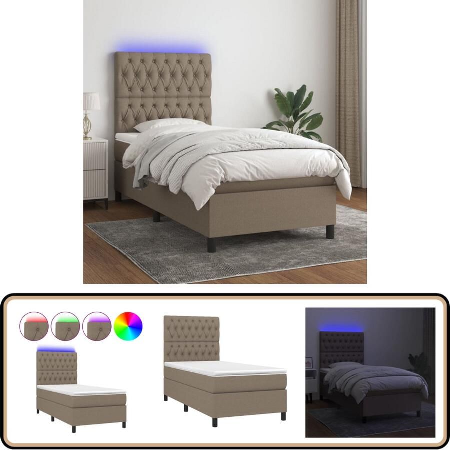 VidaXL Boxspring met LED Taupe 100x200 cm Boxspring Led Bed Slaapcomfort Pocketed Veren Matras Taupe Bed Tweepersoons Bed