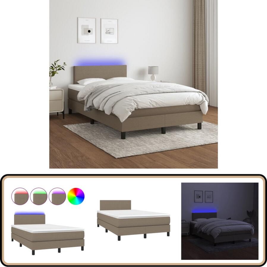 VidaXL Boxspring met LED Taupe 120x200 cm Boxspring Led Lamp Tweepersoonsbed Taupecouleur Pocketed Veren Matras Duurzame Materialen Hoofdbord
