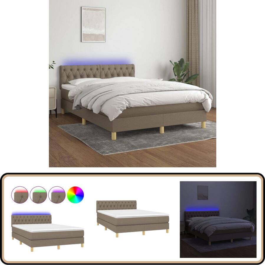 VidaXL Boxspring met LED Taupe 140x200 cm Boxspring Bed Led Bed Pocketveer Matras Taupe Bed Slaapcomfort