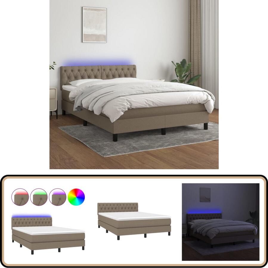 VidaXL Boxspring met LED Taupe 140x200 cm Boxspring Led Bed Boxspring Met Led Taupecolor Slaapcomfort Slaapkamers Bedroom Furniture