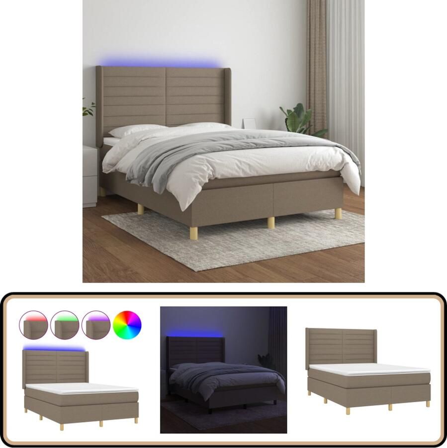 VidaXL Boxspring met LED Taupe 140x200 cm Boxspring Led Bed Pocketvering Matras Boxspring Frame Slaapcomfort Bedroom Furniture Taupec - Foto 2