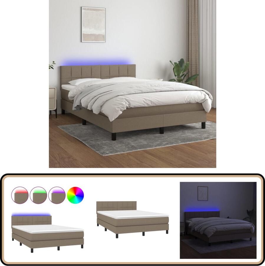 VidaXL Boxspring met LED Taupe 140x200 cm Boxspring Led Boxspring Met Led Slaapcomfort Pocketvering