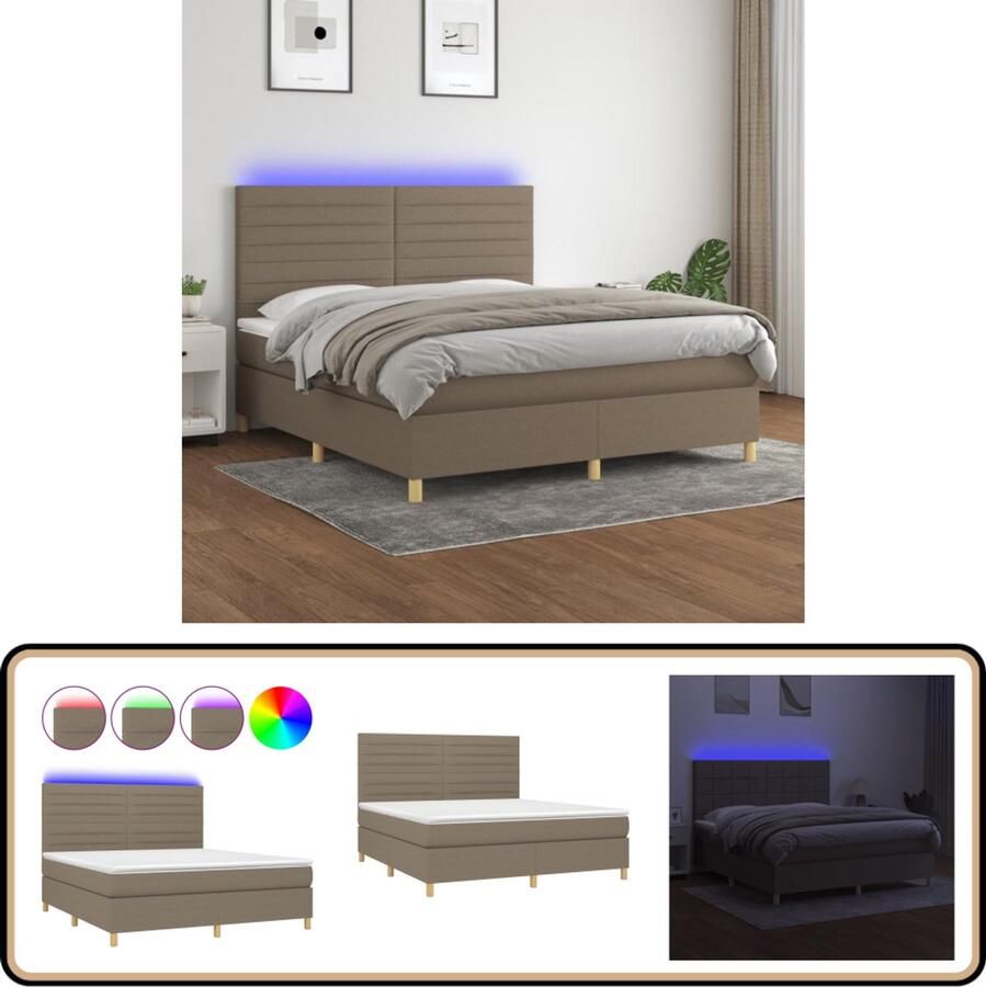 VidaXL Boxspring met LED Taupe 180x200 cm Boxspring Bed Led Bed Pocketveer Matras Hoofdboard Taupe Bed