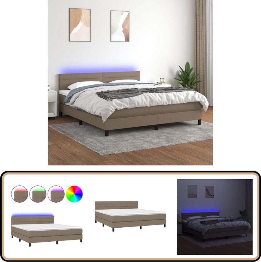 VidaXL Boxspring met LED en Matras Taupe 160x200 cm Boxspring Bed Led Bed Slaapcomfort Pocketed Spring Mattress Taupecouleur Tweepersoonsbed Bedroom Furniture