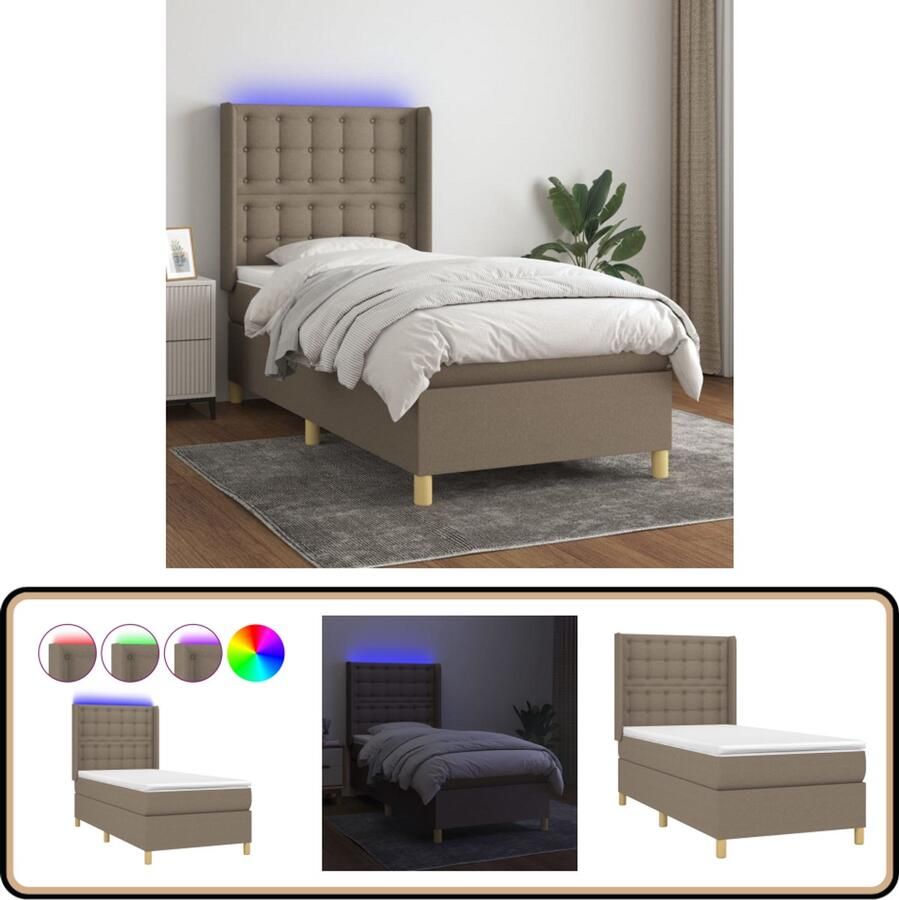 VidaXL Boxspring met LED Taupe 100x200 cm Boxspring Led Lamp Pocketveer Matras Adjustable Headboard Taupe