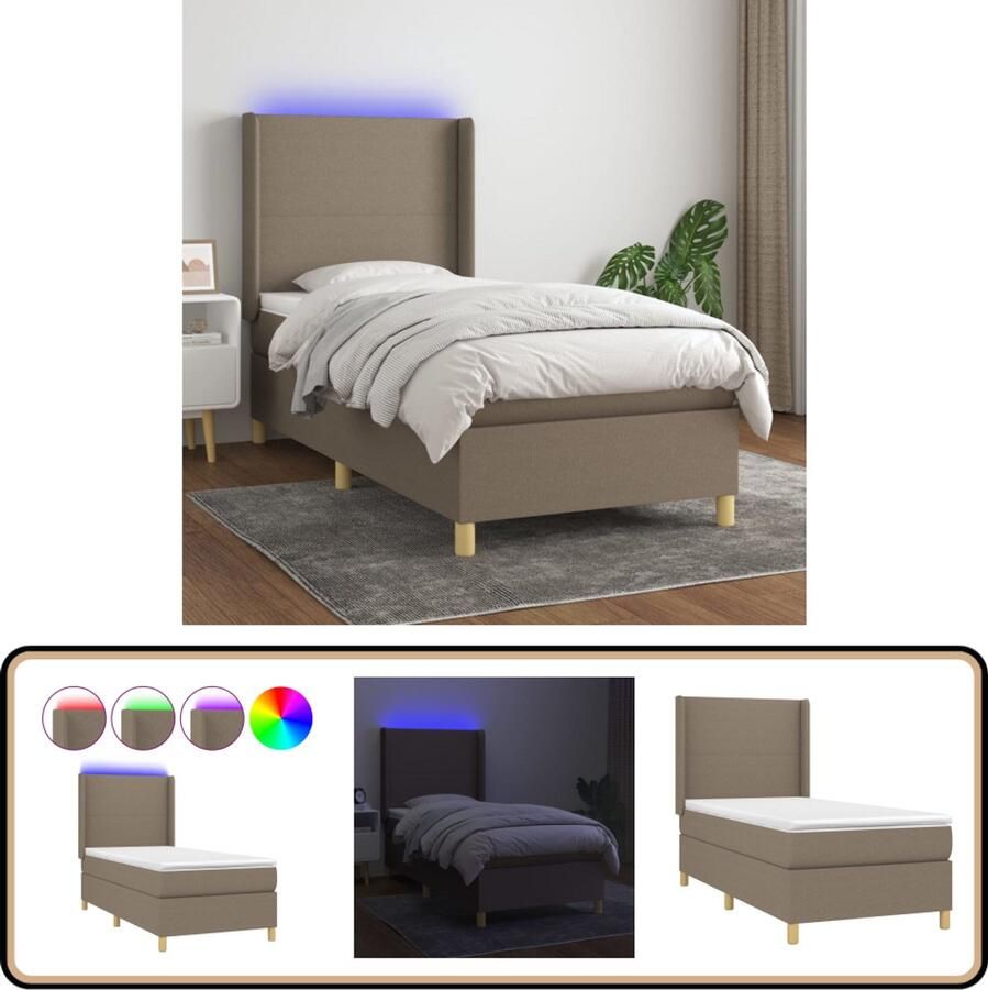 VidaXL Boxspring met LED en matras 100x200 cm Taupe Boxspring Bed Led Lamp Pocketed Spring Mattress Hoofdbord Taupecouleur