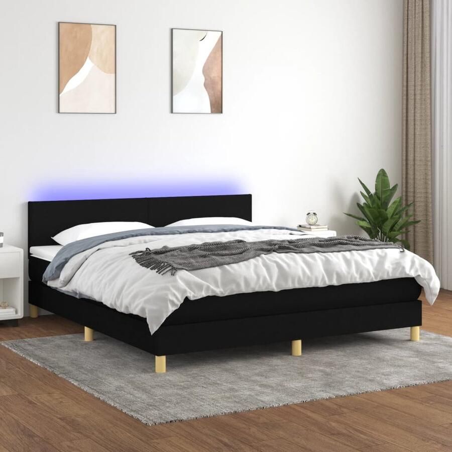 VidaXL Boxspring met LED Zwart 160x200 cm Boxspring Led Bed Boxspring Met Led Slaapcomfort Pocketed Spring Mattress Lederlook Zwarte Boxspring Tweepersoons Bed King Size Bed - Foto 2