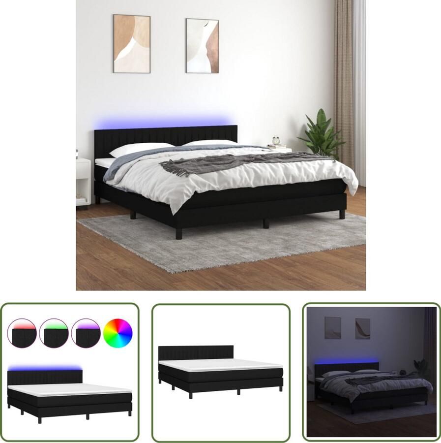 VidaXL Boxspring Matras en LED Stof Zwart 180x200 cm Boxspring Bed Slaapcomfort Led Verlichting Zwarte Boxspring Pocketed Veren Matras Adjustable Headboard