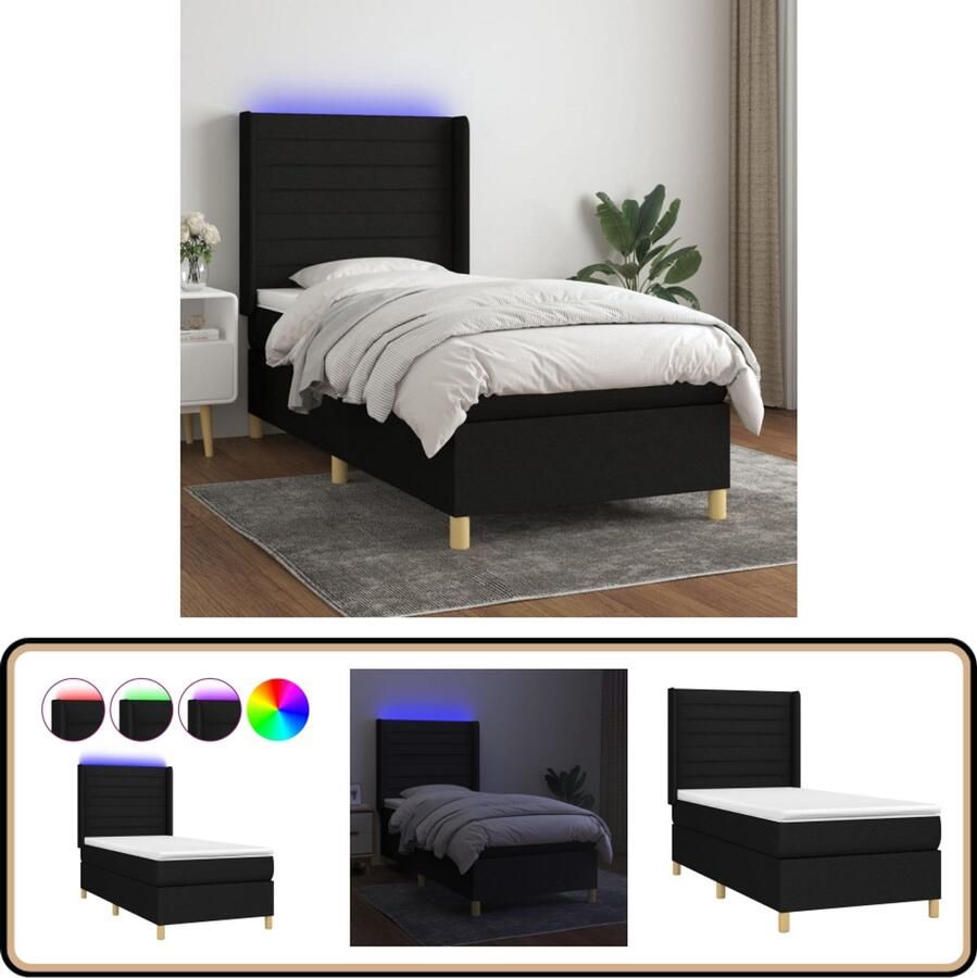 VidaXL Boxspring met LED en Matras Zwart 90x200 cm Boxspring Bed Led Bed Pocketveer Matras Elektrisch Bed Slaapcomfort