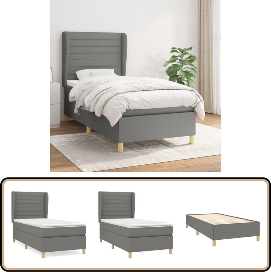 VidaXL Boxspring met matras 100x200 cm Donkergrijs Boxspringbed Boxspring Slaapkamerinrichting Tweepersoonsbed Donkere Kleuren Grijs Bed Lederlook