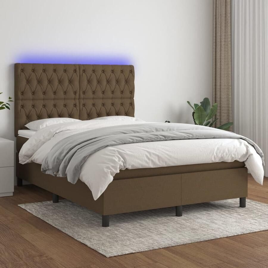 VidaXL Boxspring met matras 140x190 cm Donkerbruin Boxspring Bed Frame Verstelbare Hoofdbord Led Verlichting Pocketvering Matras Huidgevend Topmatras Bruine Boxspring - Foto 2