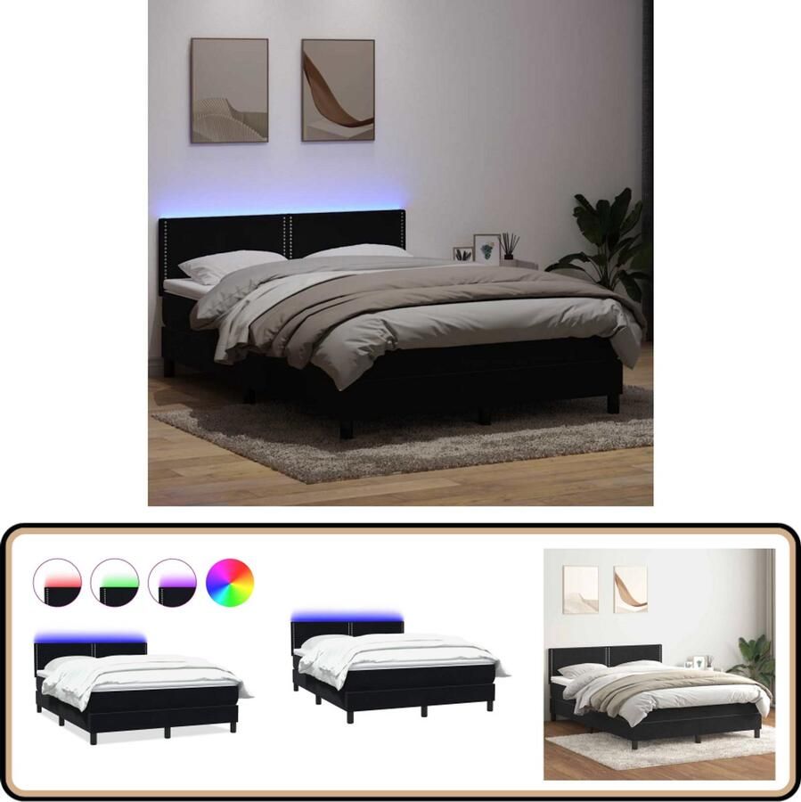 VidaXL Boxspring met matras 140x210 cm Zwart Boxspring Bed Frame Tweepersoonsbed Velvet Bed Moderne Boxspring Led Strip Elektrische Bedverlichting Comfort Bed Luxueus Bed Slaapkamer Decoratie
