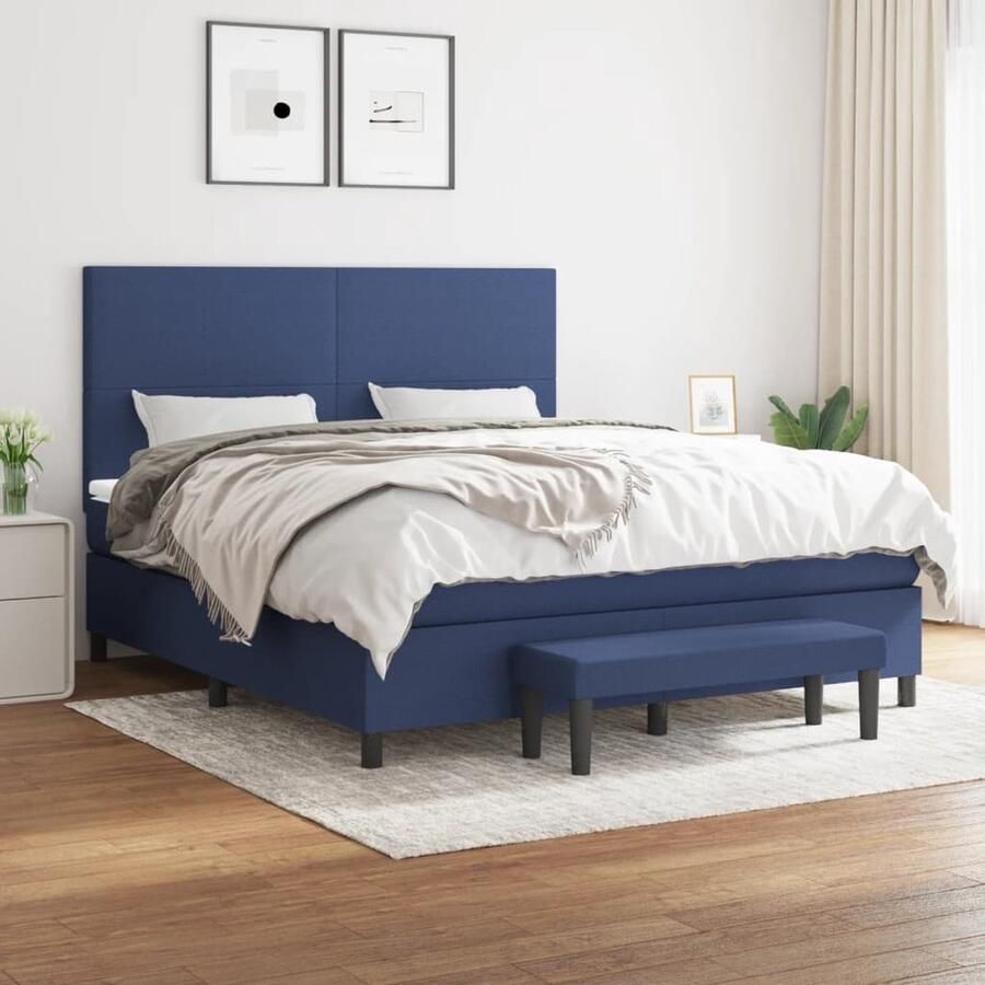 VidaXL Boxspring met matras 160x200 cm Blauw Boxspringbed Boxspring Tweepersoonsbed Slaapcomfort Matras Pocketed Veren Middenhard Blauwwaren - Foto 2