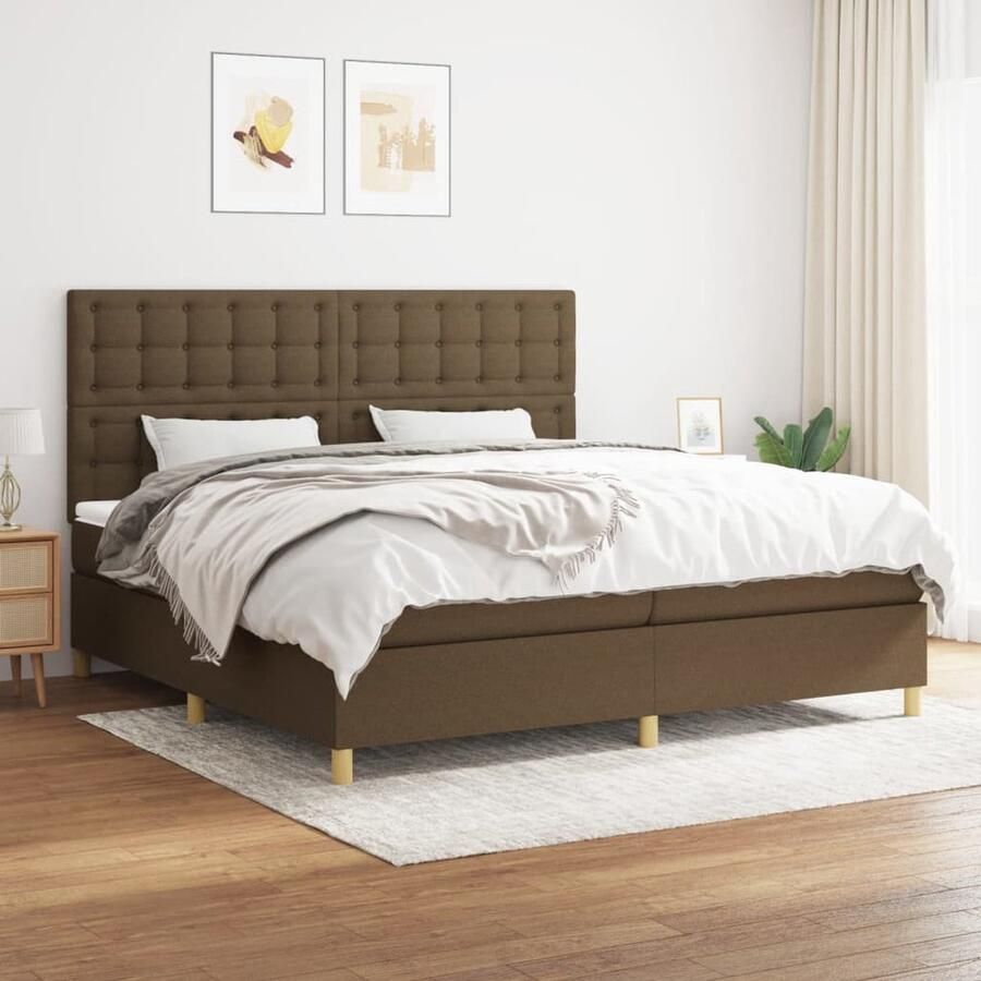 VidaXL Boxspring met matras 200x200 cm Donkerbruin Boxspringbed Donkere Bruine Meubels Tweepersoons Bed Pocketveer Matras Middenhard Matras Hoofdbord Met Instelling - Foto 2