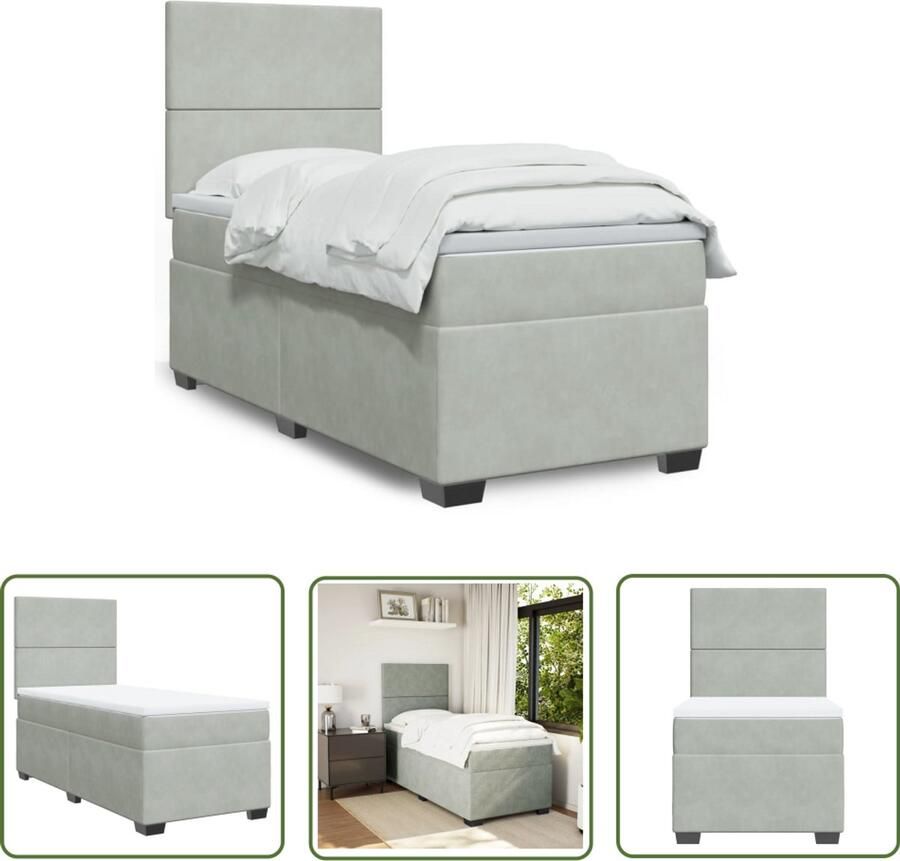 VidaXL Boxspring met Matras 80x200 cm Lichtgrijs Boxspring Tweepersoonsbed Grijs Velvet Matras Topper Stapelbed
