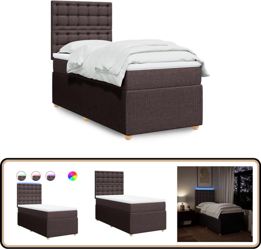VidaXL Boxspring met Matras 90x190 cm Donkerbruin Boxspring Tweepersoonsbed Donkere Kleuren Lederlook Led Verlichting