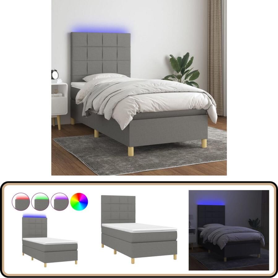 VidaXL Boxspring met matras en LED 90x200 cm Donkergrijs Boxspring Bed Led Bed Donkere Grijze Boxspring Pocketed Spring Mattress Comfortabele Boxspring King Size Bed Tweepersoonsbed