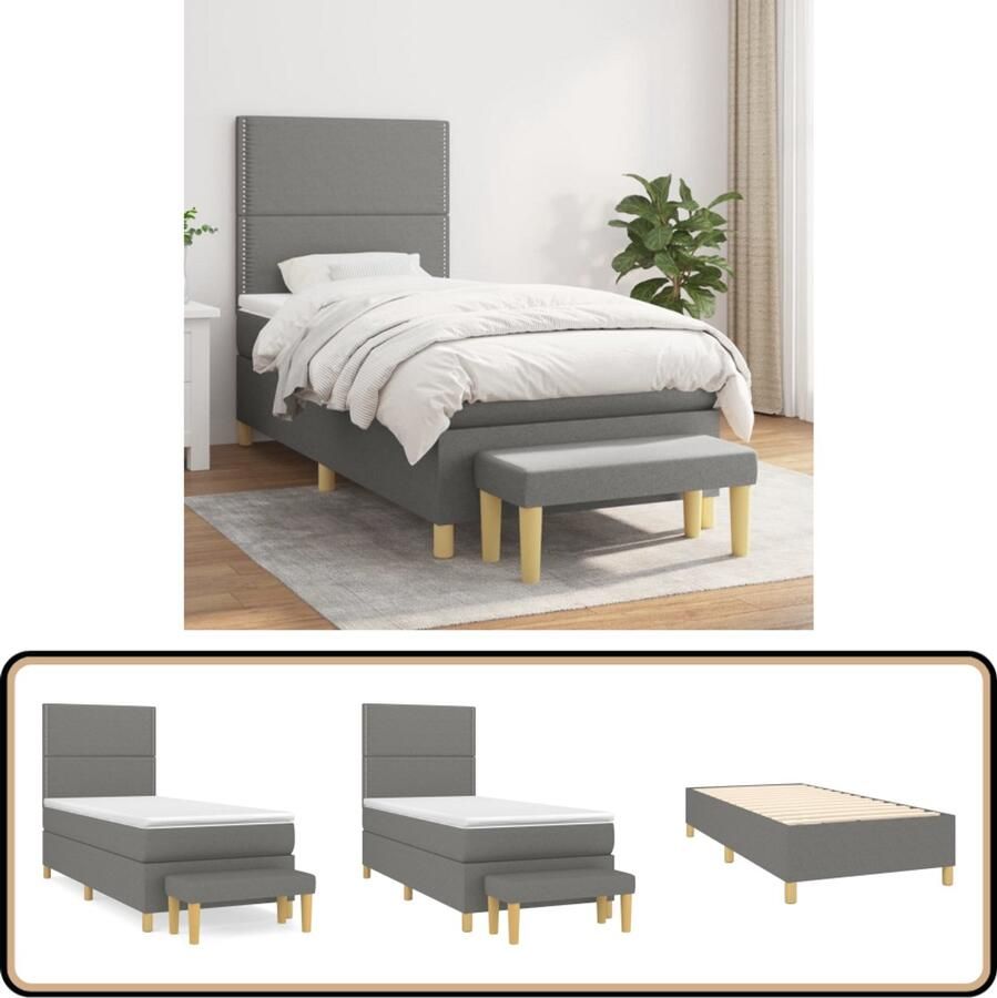VidaXL Boxspring met matras 90x190 cm Donkergrijs Boxspringbed Boxsprings Slaapkamer Meubels Donker Grijs Bed Tweepersoons Bed Pocketed Spring Mattress Middelhard Matras Hoofdbord Met Instelbare Hoogte