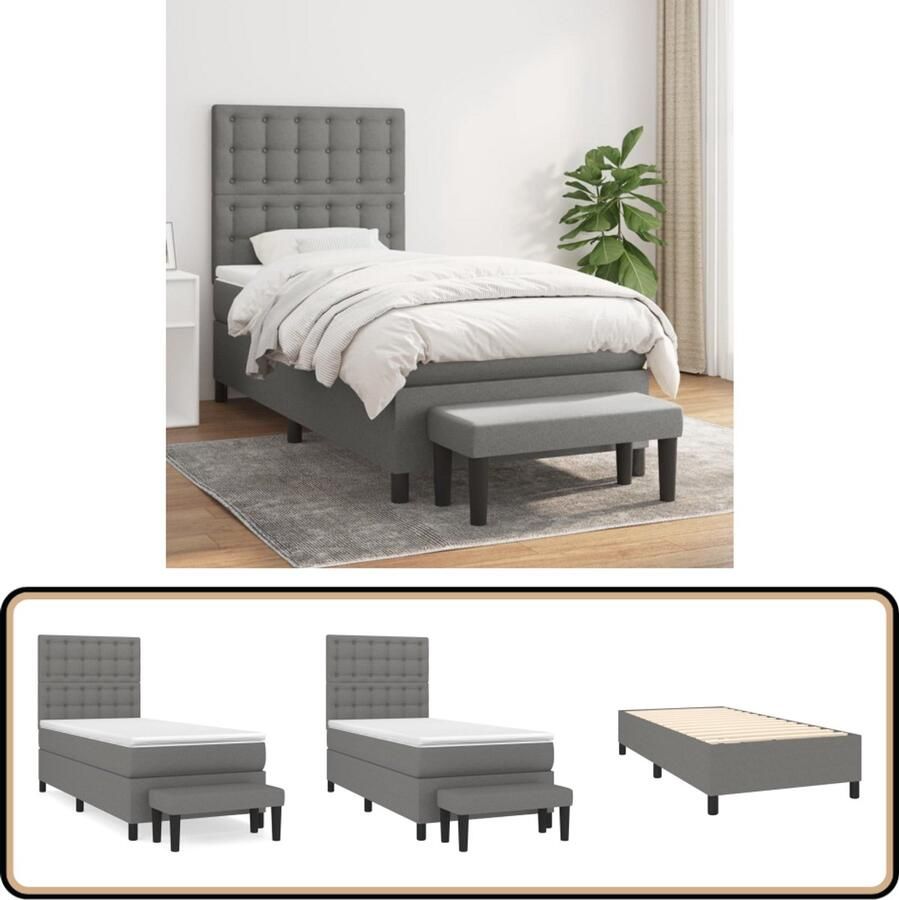 VidaXL Boxspring met matras 90x190 cm Donkergrijs Boxspringbed Donkere Grijze Bankbed Verstelbare Hoofdbord Pocketveer Matras Middelhard Matras