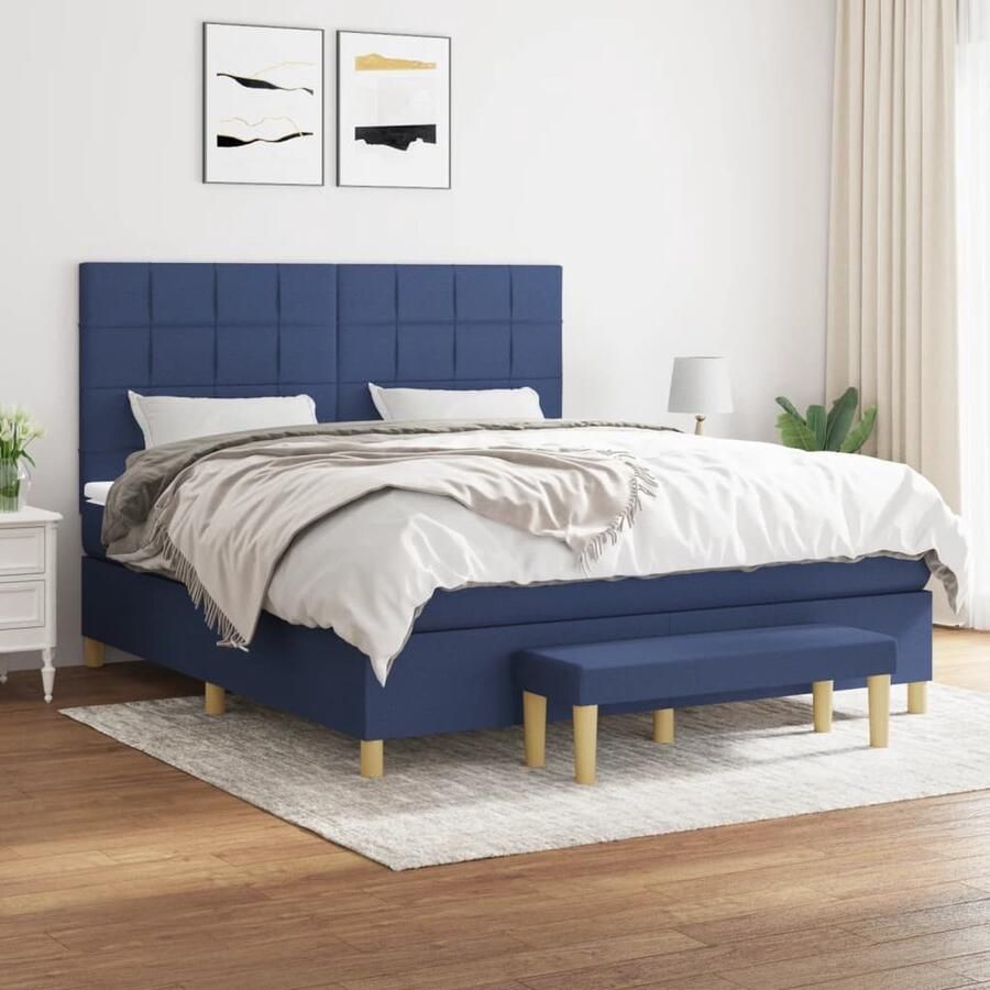 VidaXL Boxspring met Matras Blauw 160x200 cm Boxspringbed Boxspring Tweepersoonsbed Bed Frame Blablauwe Kamer Slaapkamerinrichting Pocketing Matras Duurzaam Bed Comfortabel Bed Adjustable Headboard - Foto 2