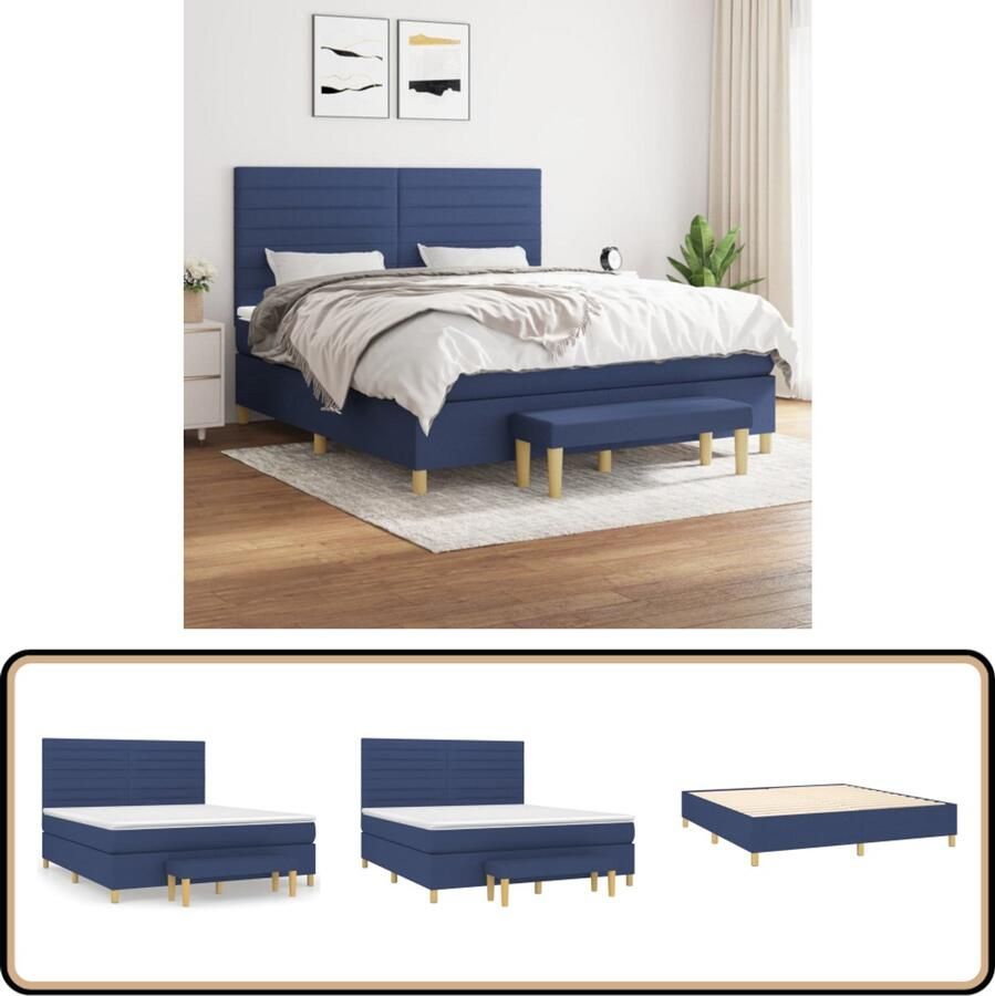 VidaXL Boxspring met matras Blauw 160x200 cm Boxspringbed Tweepersoonsbed Boxspring Slaapkamerinrichting Blauw Bed Pocketing Matras Verstelbare Hoofdbord Multifunctionele Bank Comfortabel Bed Duurzame Materialen