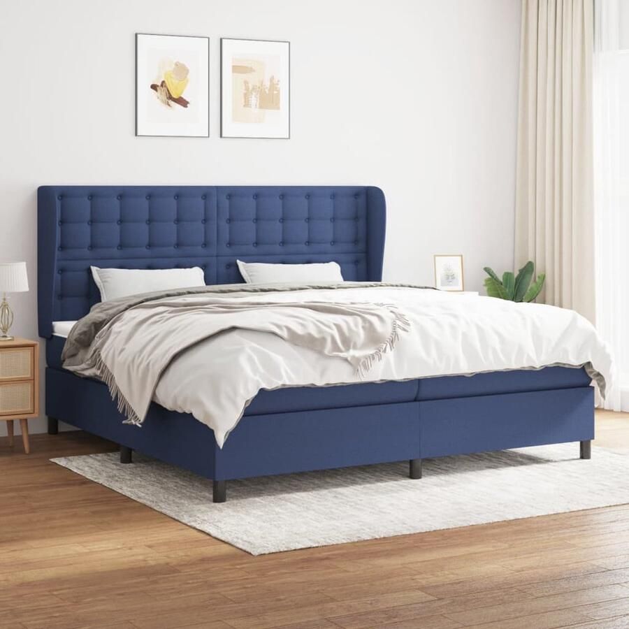 VidaXL Boxspring met matras Blauw 200x200 cm Boxspringbed Bed Frame Verstelbare Hoofdbord Pocketvering Matras Middelharde Ondersteuning Huidgevend Topmatras Blauwe Kleur Stof En Massief Larikshout - Foto 2