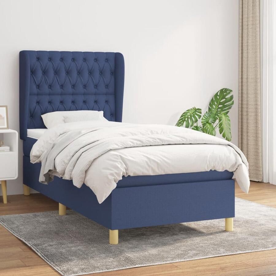 VidaXL Boxspring met matras Blauw 90x190 cm Boxspringbed Boxspring Tweepersoonsbed Bed Frame Hoofdbord Pocketveer Matras Medium Hard Blauww - Foto 2