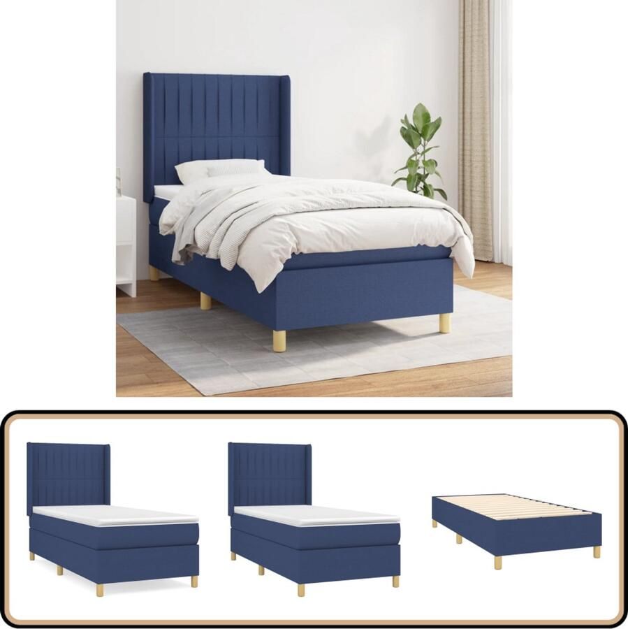 VidaXL Boxspring met matras Blauw 90x200 cm Boxspringbed Bed Frame Slaapkamer Meubilair Verstelbare Hoofdbord Pocketveer Matras