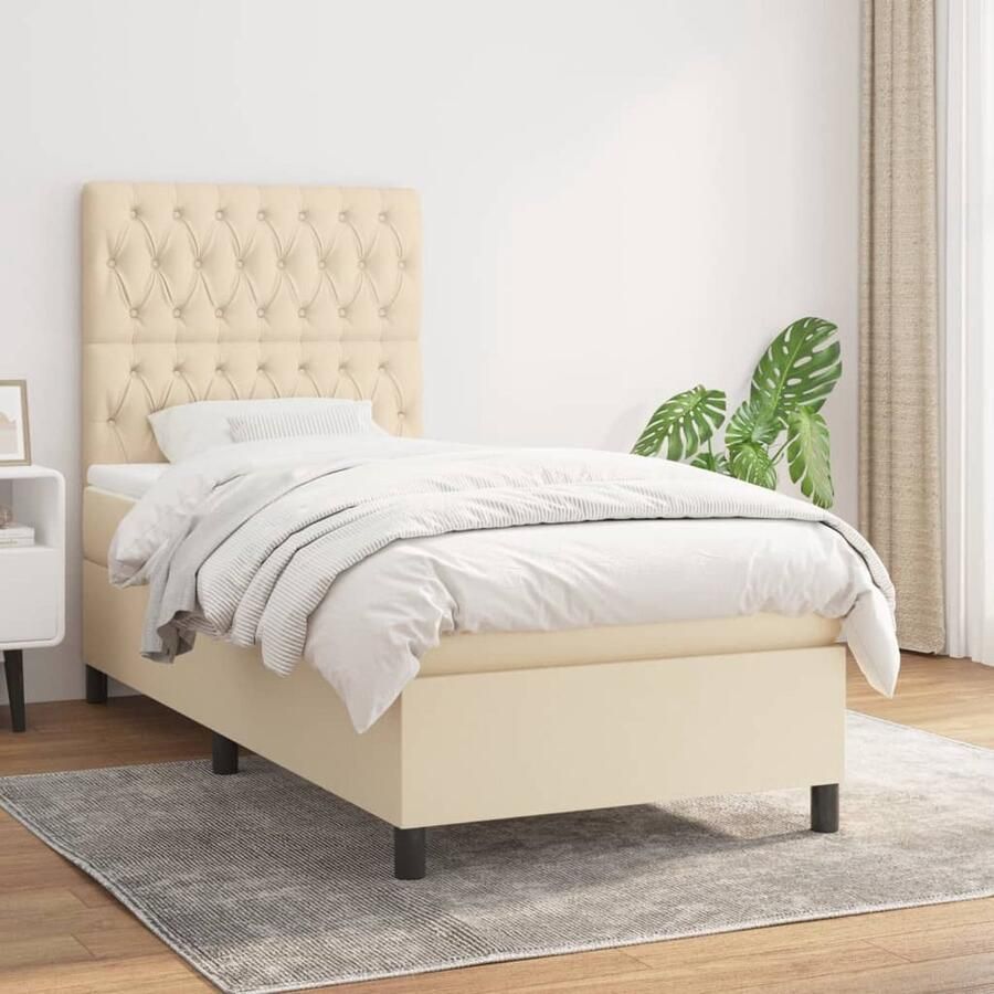 VidaXL Boxspring Met Matras crèmekleurig 100x200 cm Boxspringbed Boxsprings Slaapkamerinrichting Tweepersoonsbed Cremekleurig Bed Adjustable Headboard Pocketveermatras Medium Hard Mattress - Foto 2