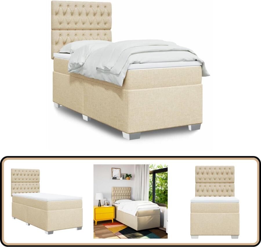 VidaXL Boxspring met matras crèmekleurig 100x200 cm Boxspringbed Pocketveringmatras Boxspring Tweepersoonsbed Creme Kleur