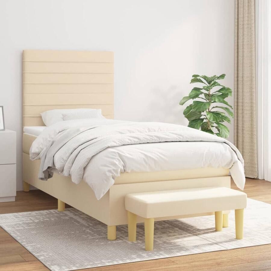 The Living Store Boxspringbed Crème 193x90x118 128 cm Hoofdbord verstelbaar Pocketvering matras Middelharde ondersteuning Huidvriendelijk topmatras Multifunctioneel bankje