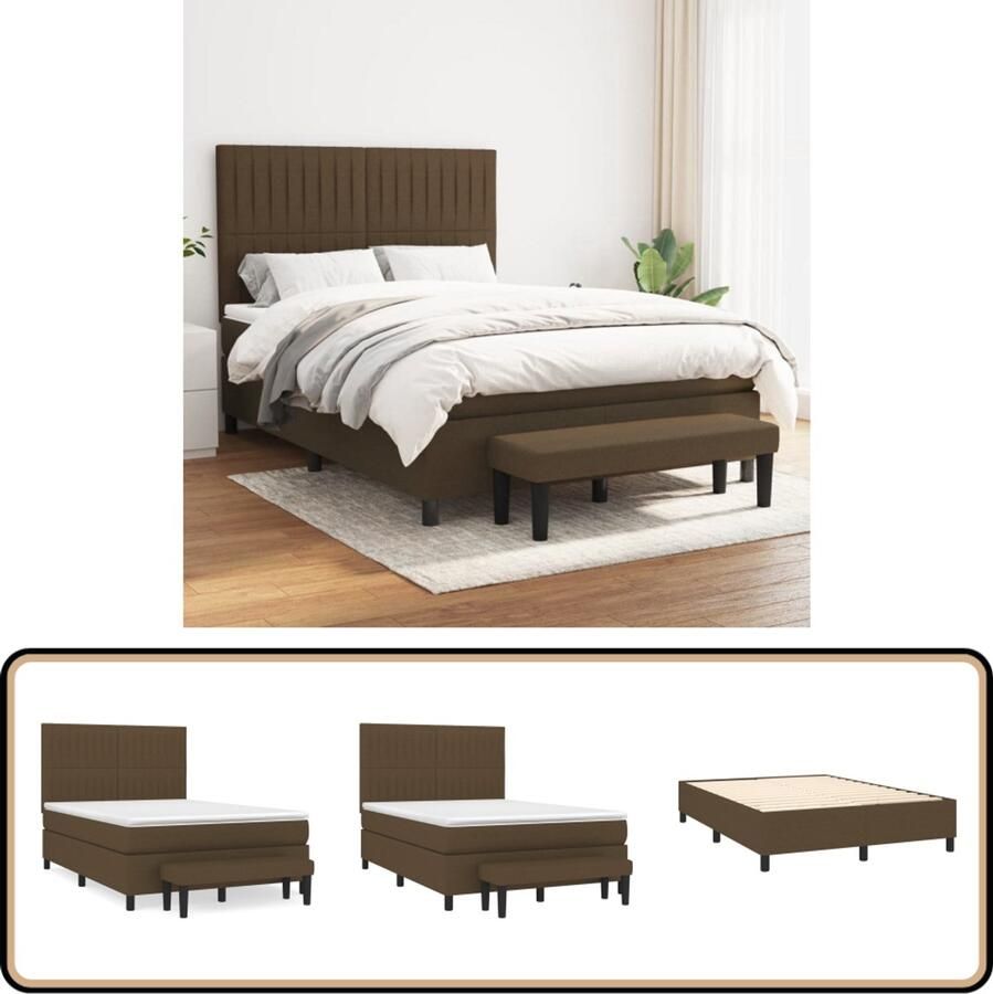 VidaXL Boxspring met matras Donkerbruin 140x190 cm Boxspringbed Slaapcomfort Pocketvering Middenhard Bruine Boxspring Houten Frame Hoofdbord Bijzettafel