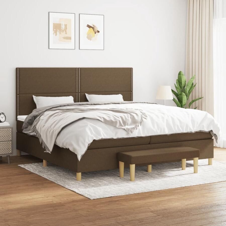 VidaXL Boxspring met matras Donkerbruin 200x200 cm Boxspringbed Donkere Kleuren Tweepersoonsbed Pocketveer Matras Middenhard Matras Lederlook Modern Bed Bedroom Furniture - Foto 2
