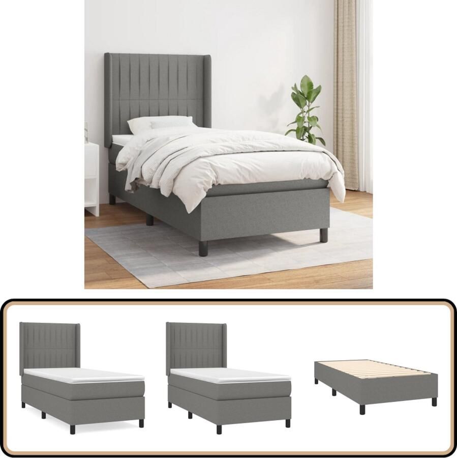 VidaXL Boxspring met Matras Donkergrijs 90x190 cm Boxspringbed Boxspring Donkere Kleuren Tweepersoonsbed Pocketed Spring Mattress Medium Firm Mattress Adjustable Headboard Bedroom Furniture