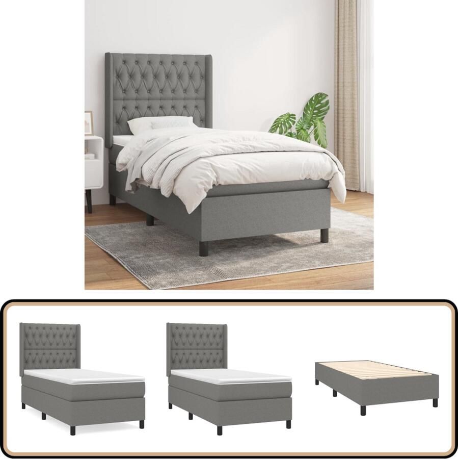 VidaXL Boxspring met matras Donkergrijs 90x190 cm Boxspringbed Boxspring Donkere Kleuren Verstelbare Hoofdbord Pocketvering Matras