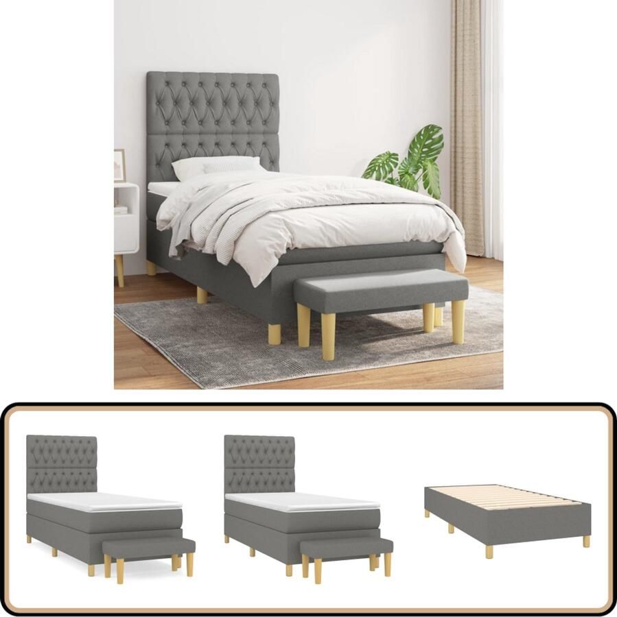 VidaXL Boxspring met matras Donkergrijs 90x200 cm Boxspringbed Donkere Kleuren Tweepersoonsbed Boxspring Matras Topmatras Adjustable Headboard Multifunctional Bench
