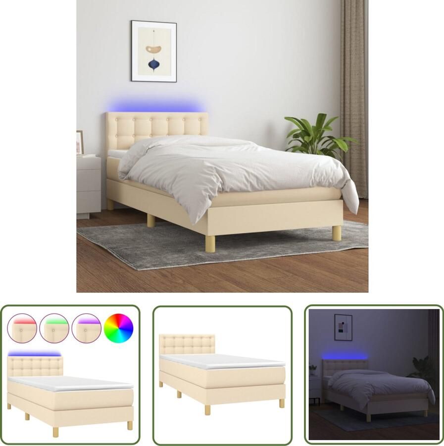 VidaXL Boxspring met matras en LED 100x200 cm Boxspring Bed Verstelbare Hoofdbord Led Lamp Pocketvering Matras Creme Kleurtje