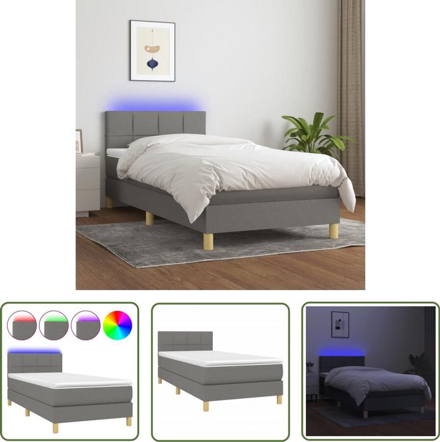 VidaXL Boxspring met matras en LED 100x200 cm Boxspring Led Bed Donkere Kleuren Slaapcomfort Hoofdbord Pocketed Veren Matras Bedroom Furniture - Foto 2
