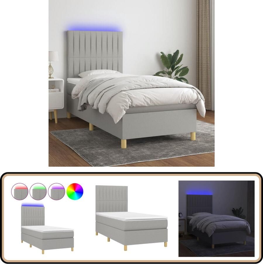 VidaXL Boxspring met matras en LED 100x200 cm Lichtgrijs Boxspring Led Lamp Slaapcomfort Tweepersoonsbed Grijs Bed Design Bed Frame Bed Hoofdbord Pocketed Spring Mattress