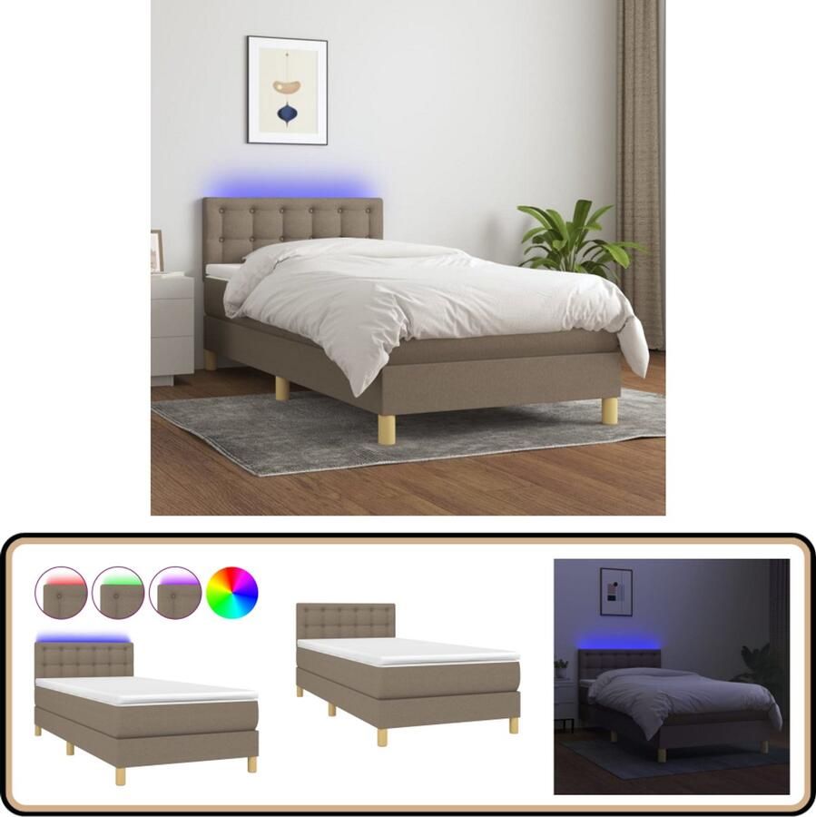 VidaXL Boxspring met matras en LED 100x200 cm Taupe Boxspring Bed Led Bed Pocketveer Matras Taupe Bed Slaapcomfort