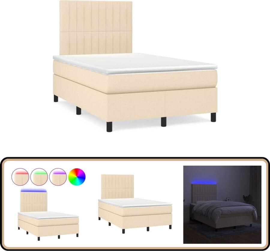 VidaXL Boxspring met matras en LED 120x190 cm crème Boxspring Bed Frame Led Lamp Creme Kleurig Tweepersoons Bed