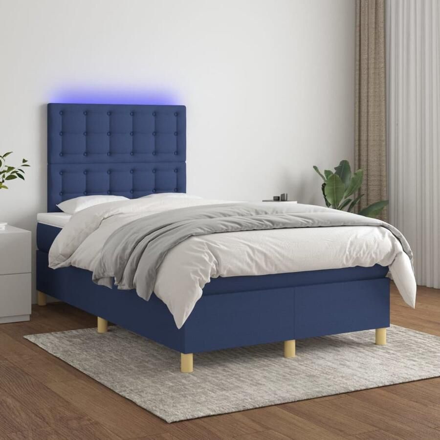 VidaXL Boxspring met matras en LED 120x200 cm Blauw Boxspring Slaapcomfort Led Lamp Verstelbare Hoofdbord Pocketvering Matras Blauwe Boxspring Tweepersoons Bed Slaapkamers - Foto 2