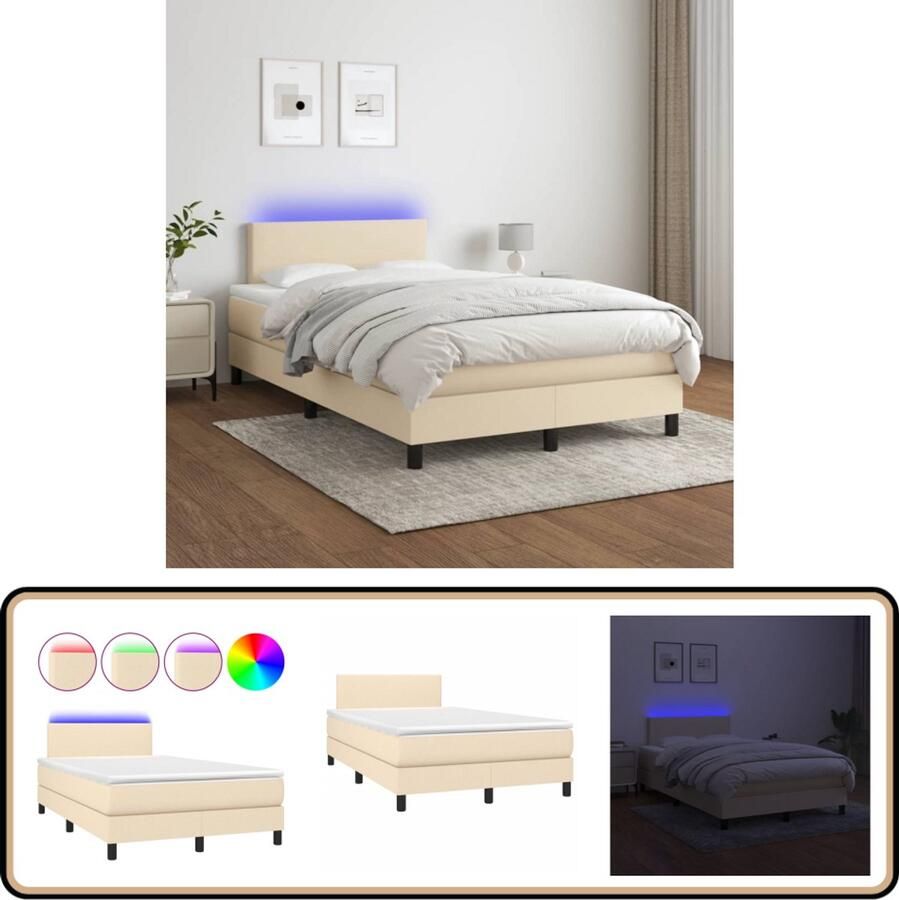 VidaXL Boxspring met matras en LED 120x200 cm Crème Boxspring Bed Led Lampje Creme Kleurtoneel Slaapcomfort Hoofdboard