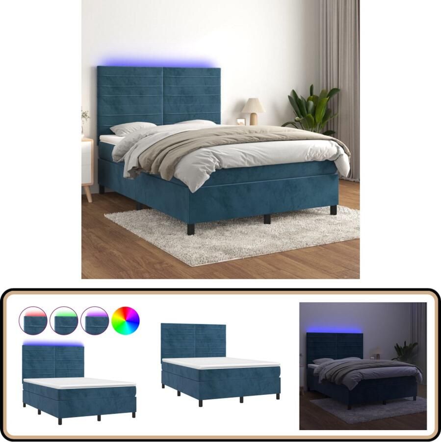 VidaXL Boxspring met matras en LED 140x190 cm Blauw Boxspring Donkere Kleuren Led Lampen Velvet Pocketvering